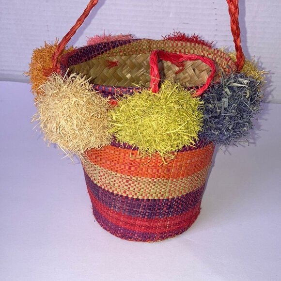 POM POM Mini Crossbody Straw Bucket Back Colorful Fun 5.75 x  5 inches - Picture 3 of 10